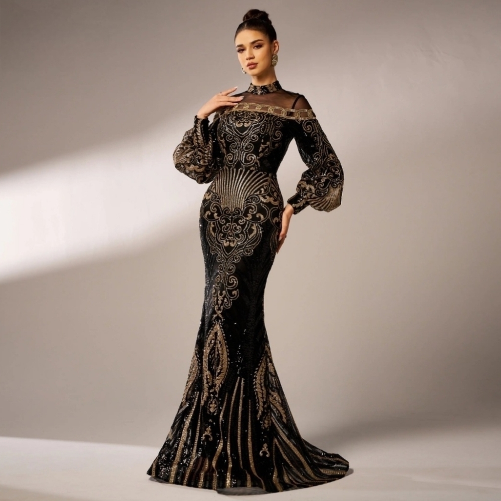 Black Embellished Backless Gown with Bishop Sleeves- CUSTOM MADE - Picture 9 of 15